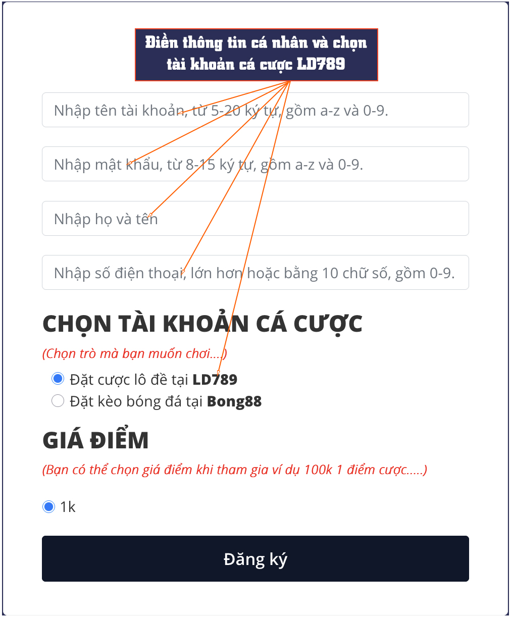 Bước 1: Click chọn vào mục Đăng ký ở góc trên bên phải trang chủ hoặc bất kỳ trang hệ thống của ONEVN.BET