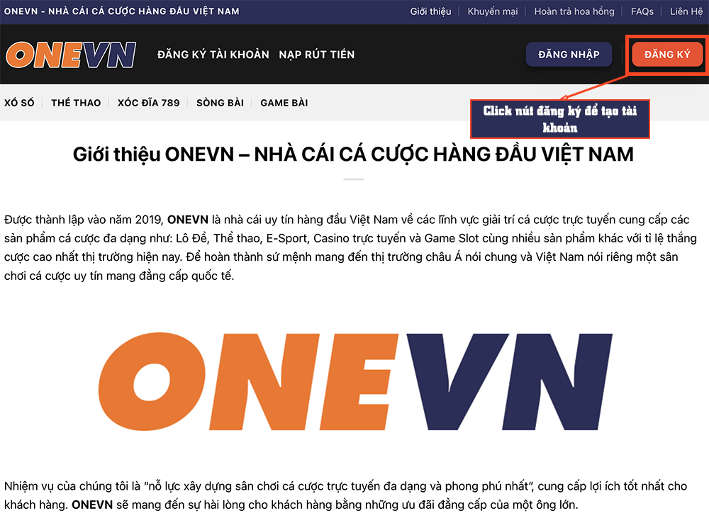 Nhấp mục ĐĂNG KÝ (phía trên, bên góc phải) tại trang chủ ONEVN