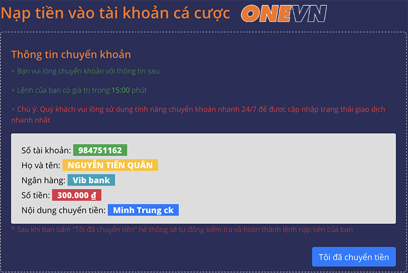 Chuyển tiền vào nhà cái ONEVN