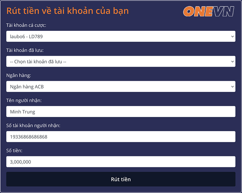 Quý khách điền đầy đủ thông tin RÚT TIỀN.
